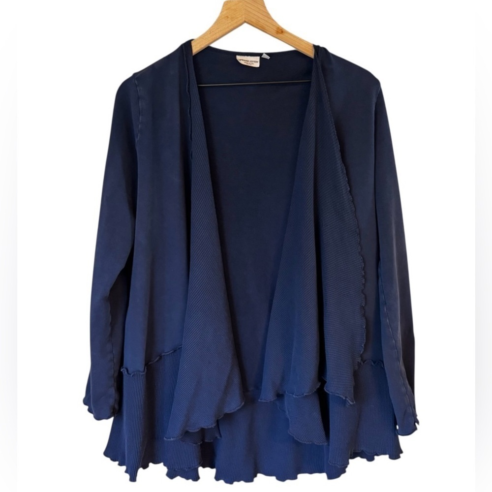 Prairie Cotton Navy Blue Cascade Open Long Sleeve Cardigan Sweater Sz Small